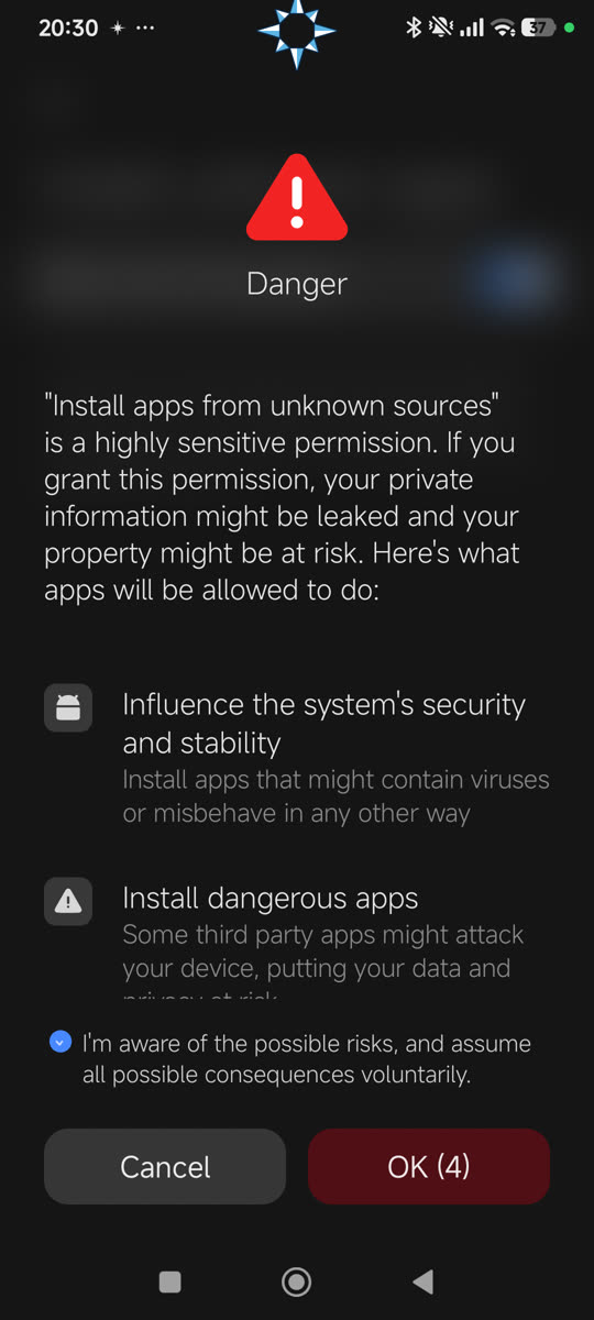 Xiaomi Danger page with a countdown on OK