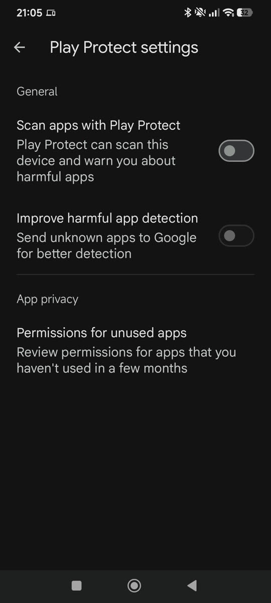 Play Protect block, the Play Store menu, and the Scan apps switch